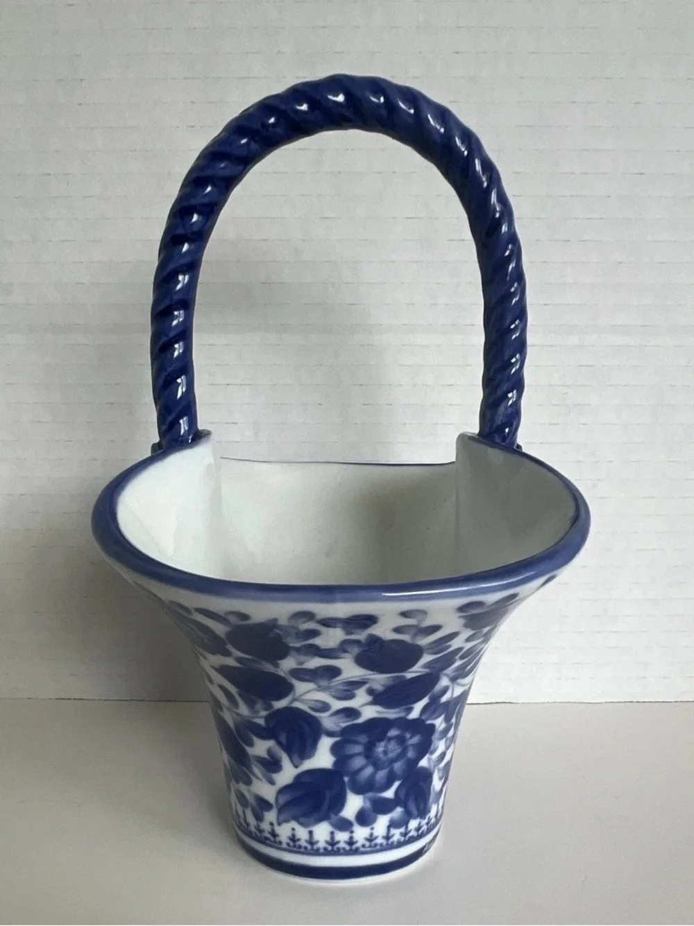 Vintage Blue White Porcelain Basket Floral Ceramic Twisted Handle Applied Leaves